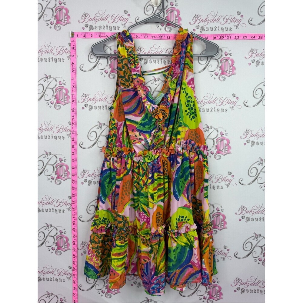 Free destinations dress Vibrant Tropical Print Ruffle Midi Dress - Pink & Green
